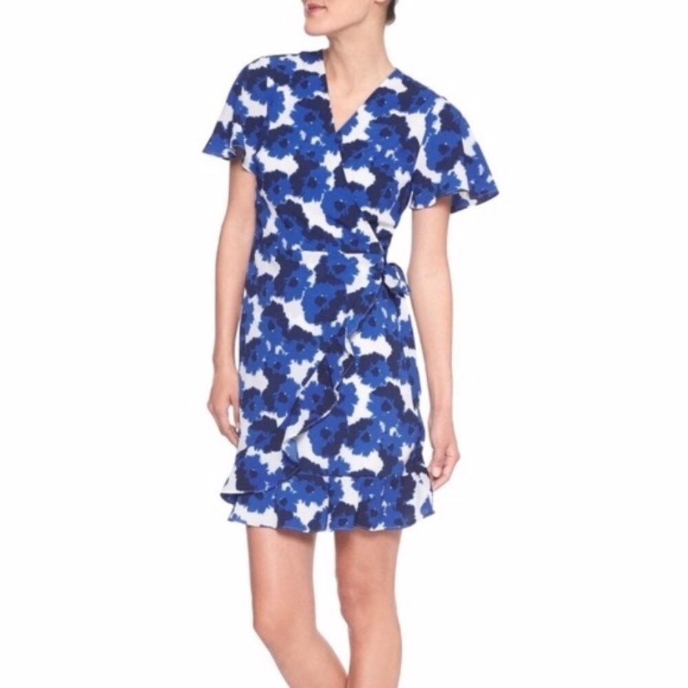 Banana Republic Blue Floral Coastal Romantic Print Ruffle Wrap Dress Size 4